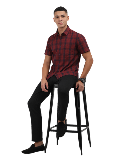 Model wearing Clarke Gable's Dark Red With Blue Checked Semi Casual Shirt in a casual setting