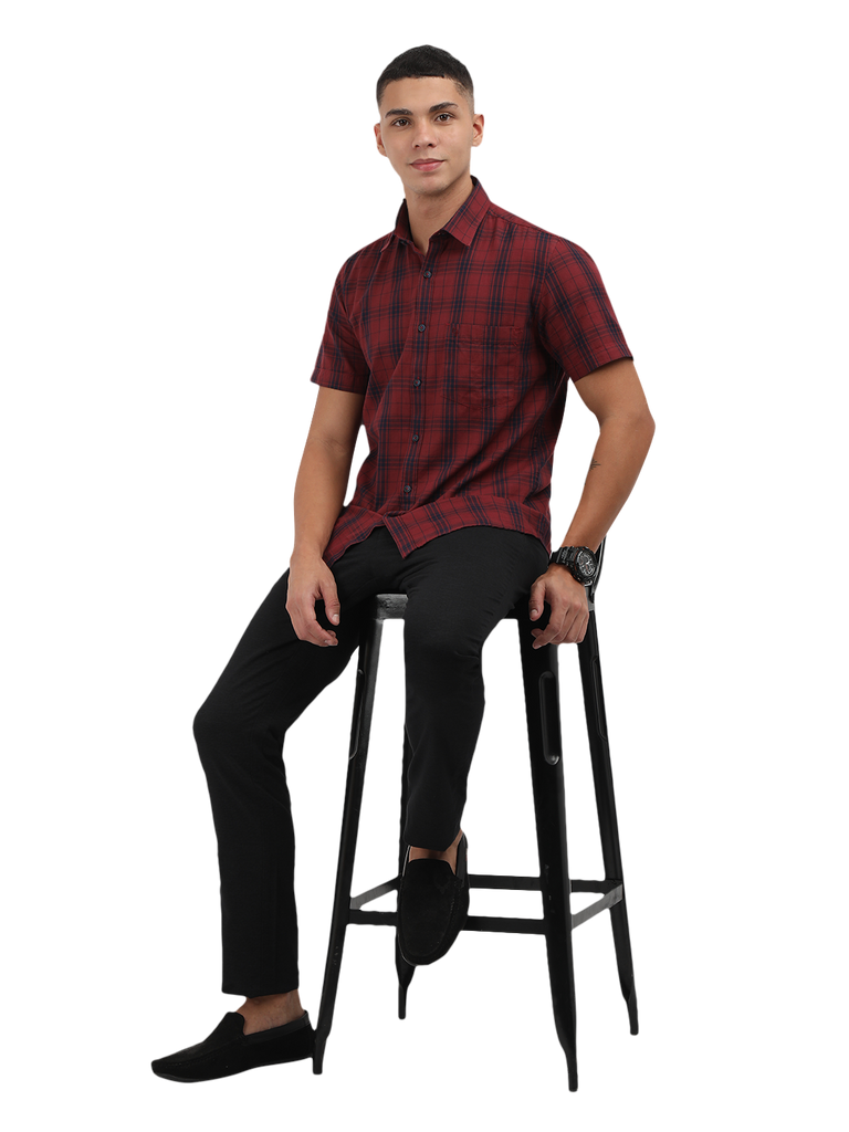 Model wearing Clarke Gable's Dark Red With Blue Checked Semi Casual Shirt in a casual setting