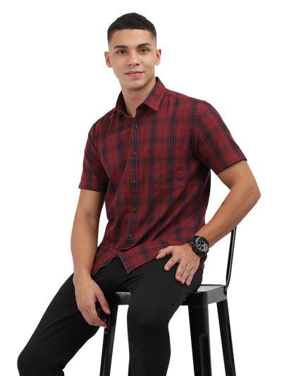 Model wearing Clarke Gable's Dark Red With Blue Checked Semi Casual Shirt in a casual setting