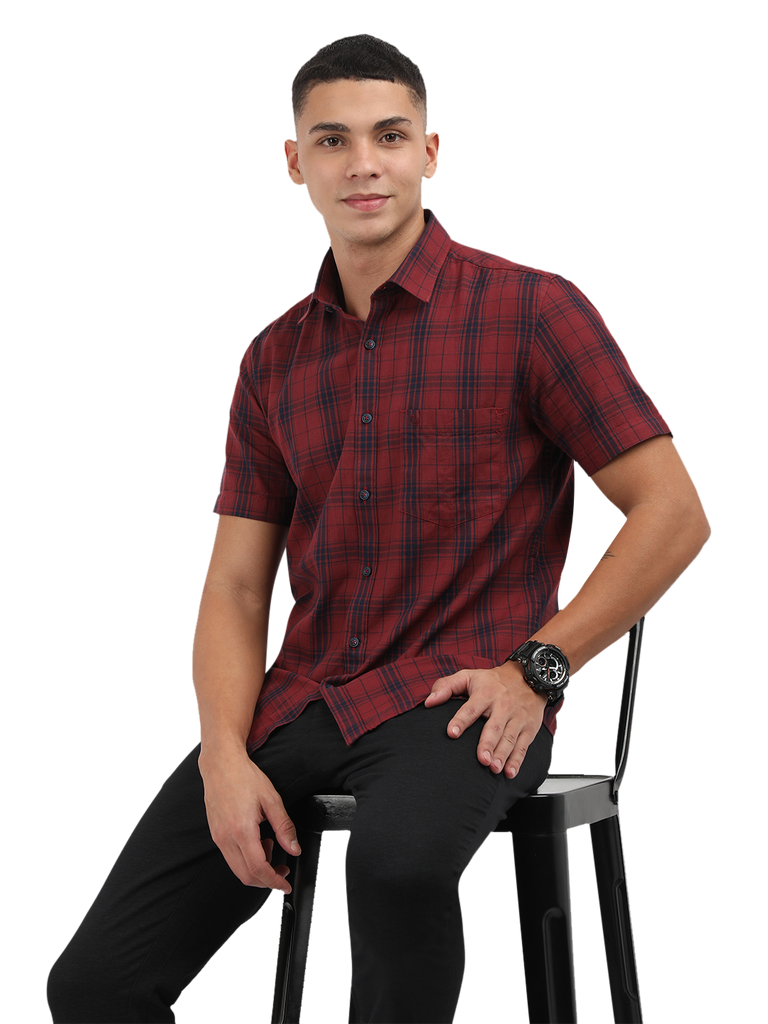 Model wearing Clarke Gable's Dark Red With Blue Checked Semi Casual Shirt in a casual setting