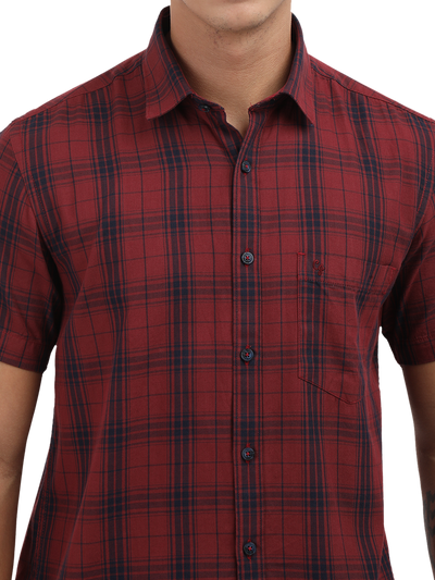 Model wearing Clarke Gable's Dark Red With Blue Checked Semi Casual Shirt in a casual setting