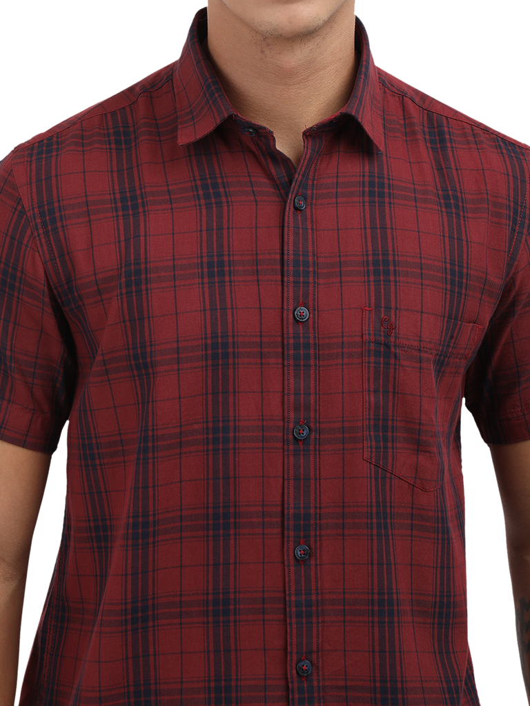 Model wearing Clarke Gable's Dark Red With Blue Checked Semi Casual Shirt in a casual setting