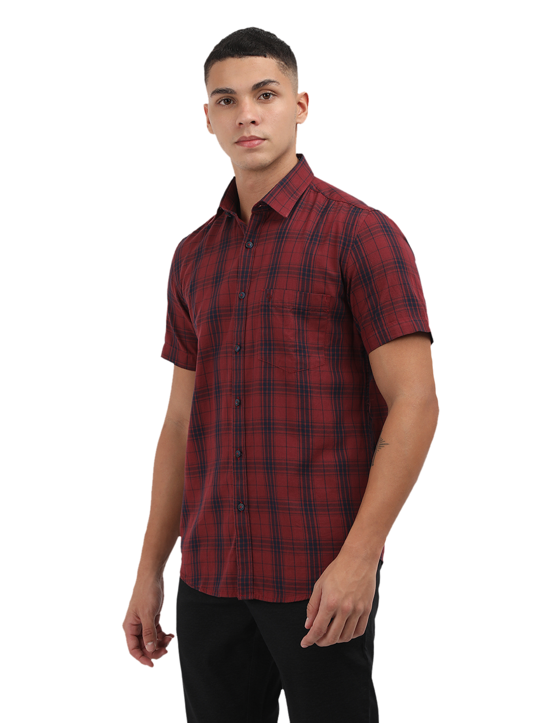 Model wearing Clarke Gable's Dark Red With Blue Checked Semi Casual Shirt in a casual setting