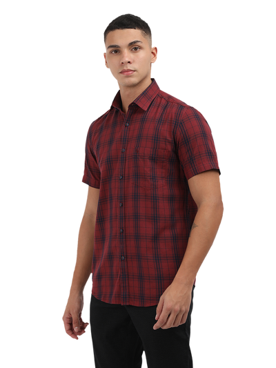 Model wearing Clarke Gable's Dark Red With Blue Checked Semi Casual Shirt in a casual setting