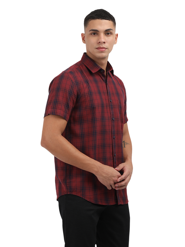 Model wearing Clarke Gable's Dark Red With Blue Checked Semi Casual Shirt in a casual setting