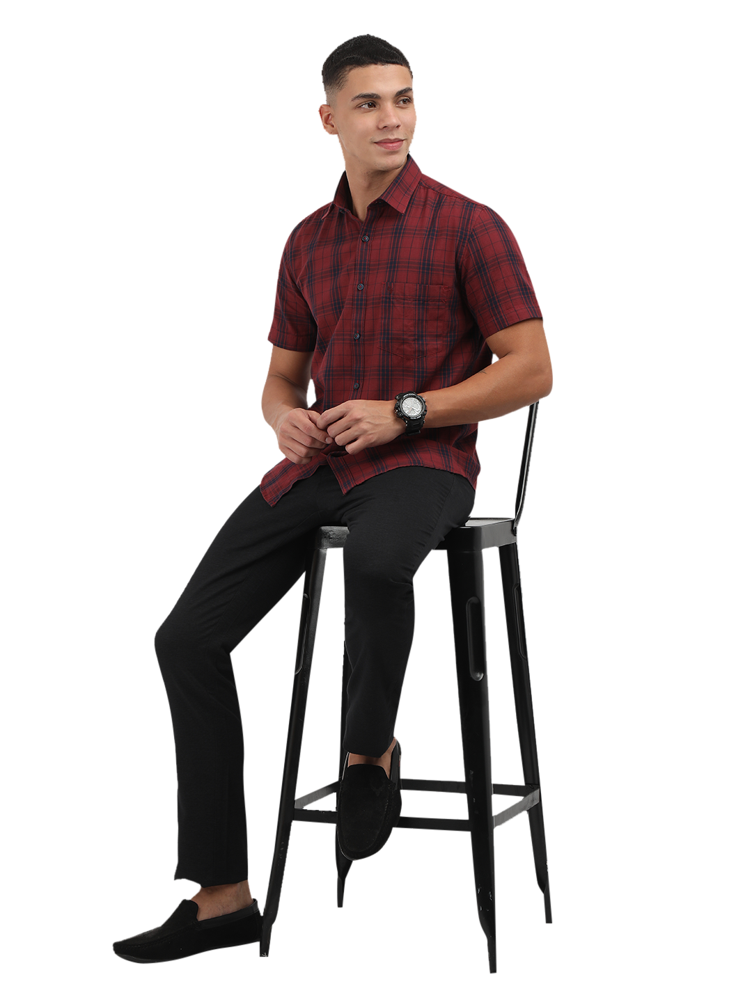 Model wearing Clarke Gable's Dark Red With Blue Checked Semi Casual Shirt in a casual setting