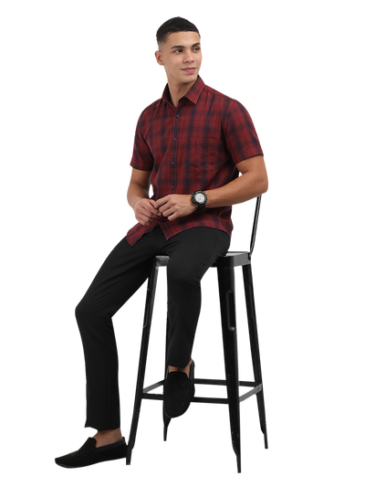 Model wearing Clarke Gable's Dark Red With Blue Checked Semi Casual Shirt in a casual setting