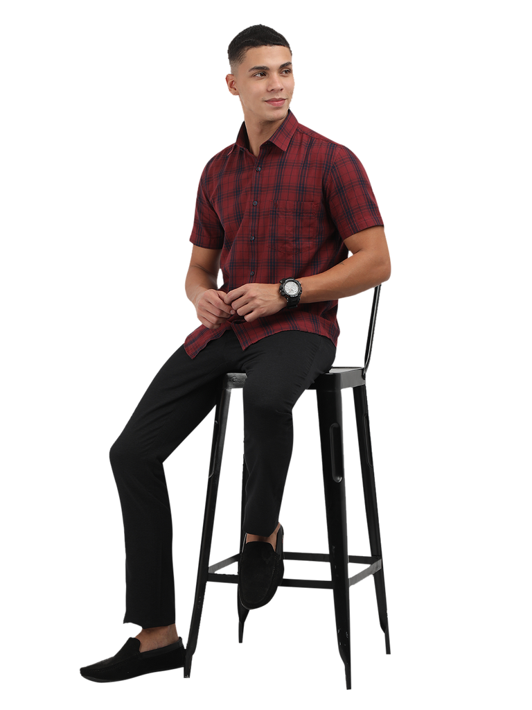 Model wearing Clarke Gable's Dark Red With Blue Checked Semi Casual Shirt in a casual setting