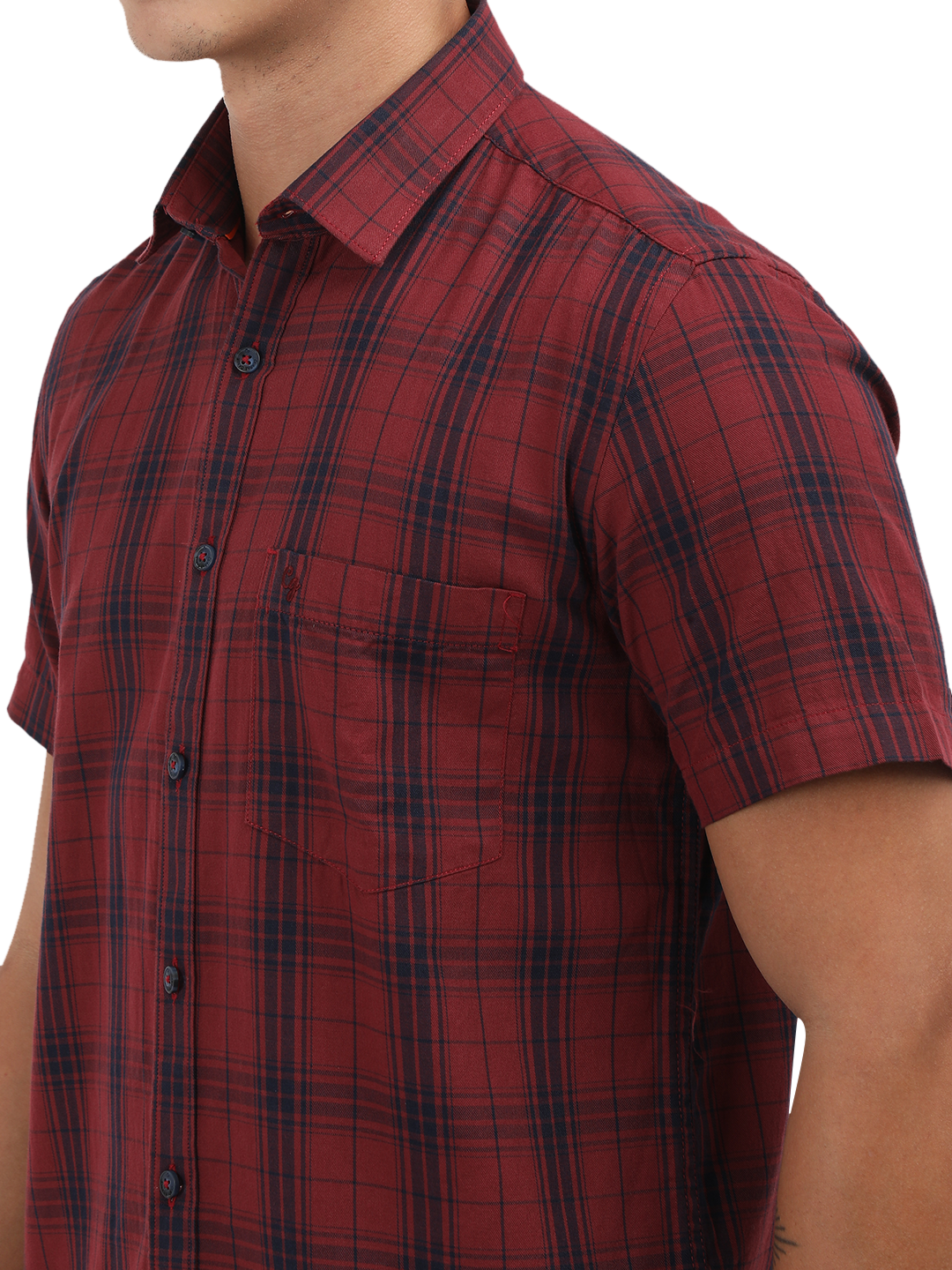 Model wearing Clarke Gable's Dark Red With Blue Checked Semi Casual Shirt in a casual setting