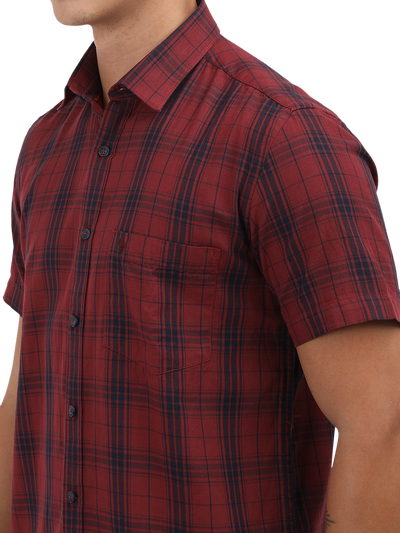Model wearing Clarke Gable's Dark Red With Blue Checked Semi Casual Shirt in a casual setting