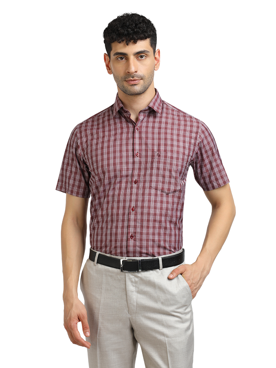 Model wearing Clarke Gable's Dark Red With White Checked Formal Shirt in a casual setting