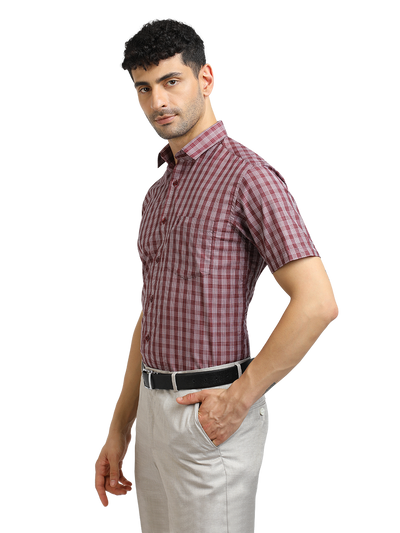 Model wearing Clarke Gable's Dark Red With White Checked Formal Shirt in a casual setting