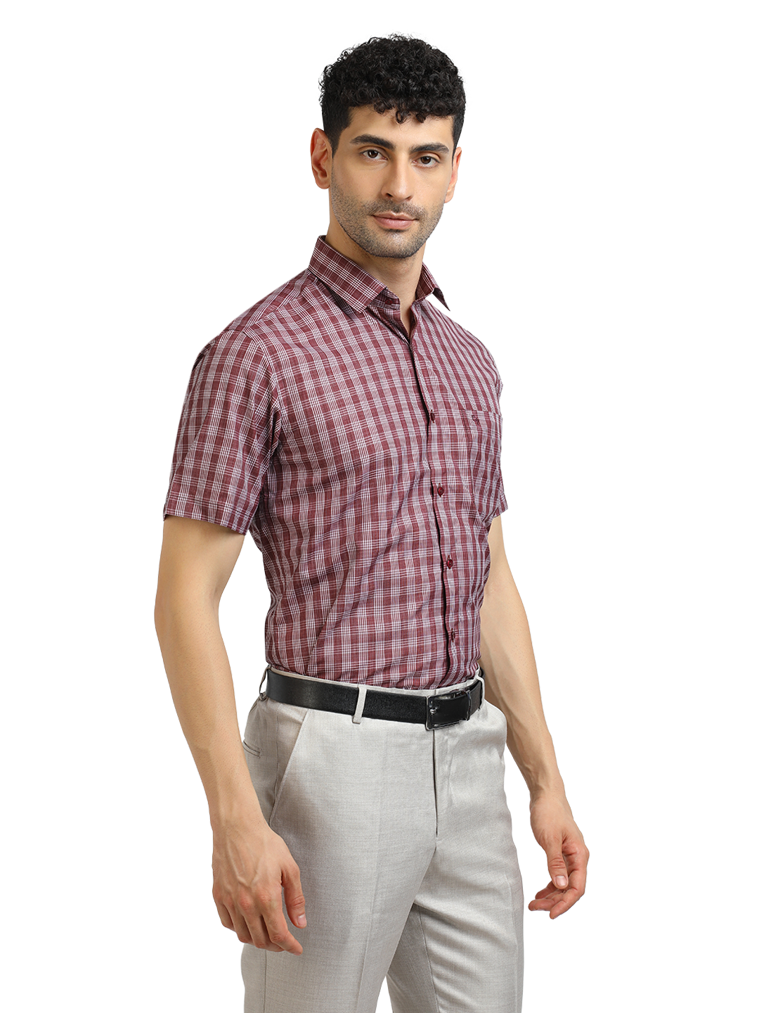 Model wearing Clarke Gable's Dark Red With White Checked Formal Shirt in a casual setting