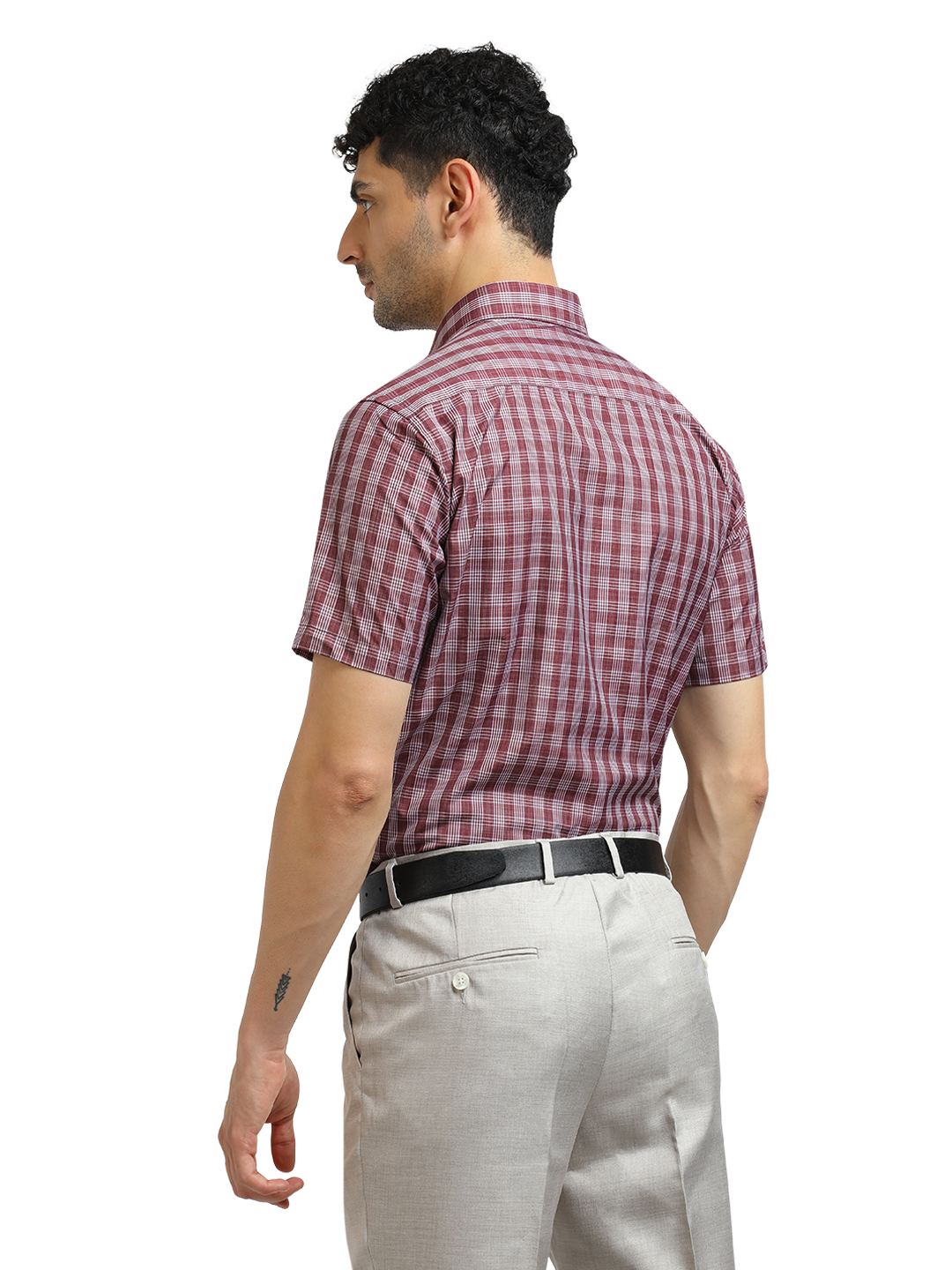 Model wearing Clarke Gable's Dark Red With White Checked Formal Shirt in a casual setting