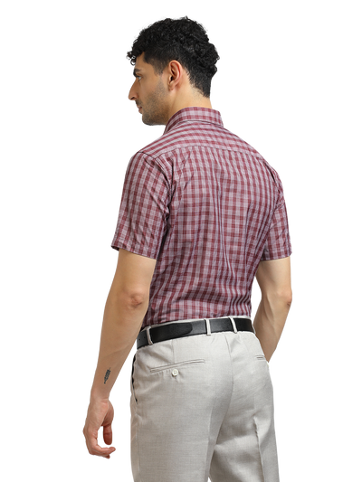 Model wearing Clarke Gable's Dark Red With White Checked Formal Shirt in a casual setting