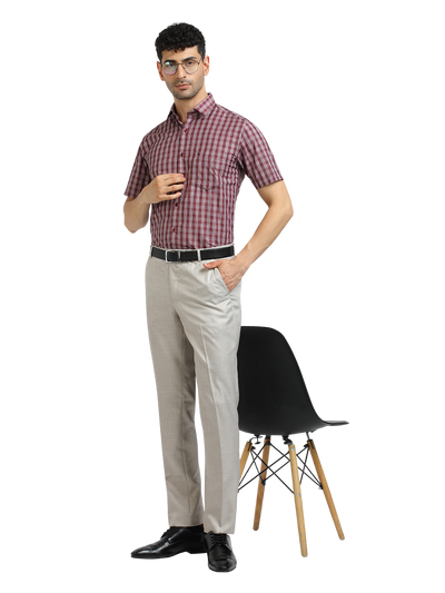 Model wearing Clarke Gable's Dark Red With White Checked Formal Shirt in a casual setting