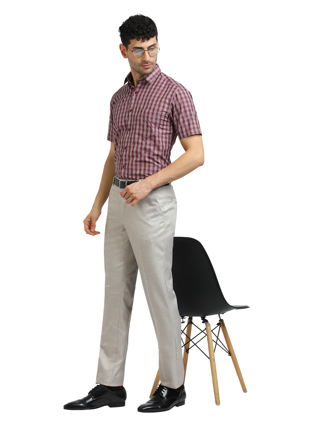 Model wearing Clarke Gable's Dark Red With White Checked Formal Shirt in a casual setting