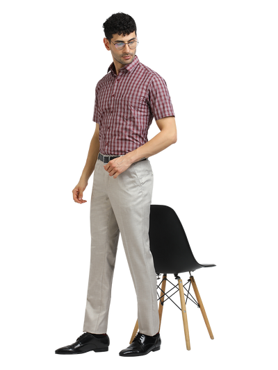 Model wearing Clarke Gable's Dark Red With White Checked Formal Shirt in a casual setting