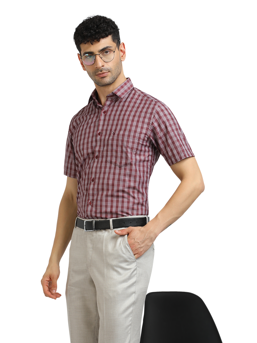 Model wearing Clarke Gable's Dark Red With White Checked Formal Shirt in a casual setting