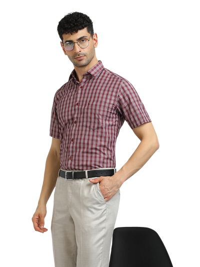 Model wearing Clarke Gable's Dark Red With White Checked Formal Shirt in a casual setting