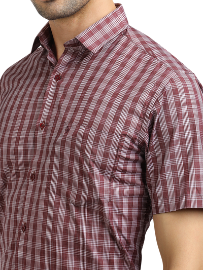 Model wearing Clarke Gable's Dark Red With White Checked Formal Shirt in a casual setting