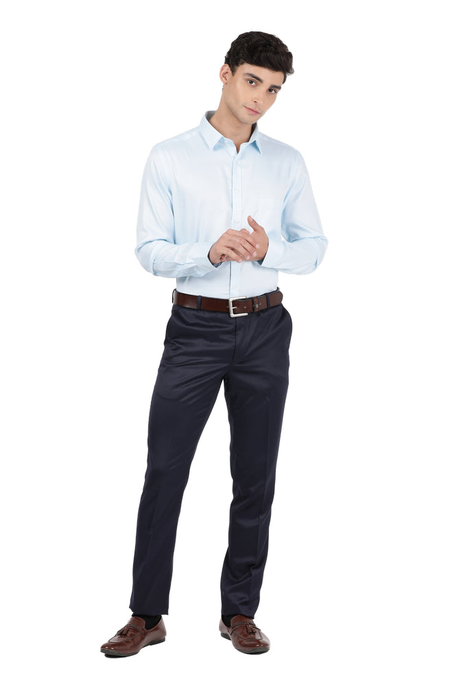 Model dressed in Clarke Gable's Ice Blue Plain Relax Fit Shirt in a casual setting