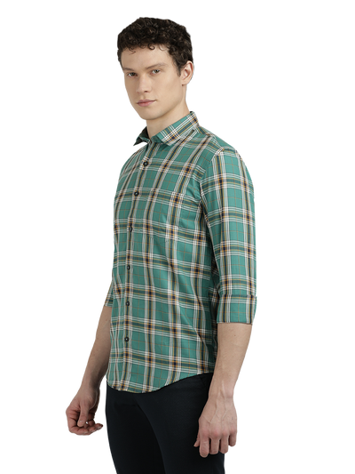 Model wearing Clarke Gable's Green Checked Semi Casual Shirt in a casual setting