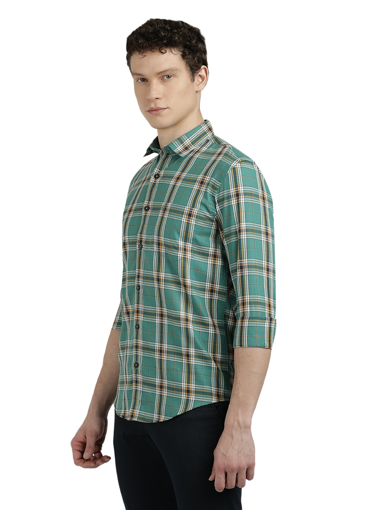 Model wearing Clarke Gable's Green Checked Semi Casual Shirt in a casual setting