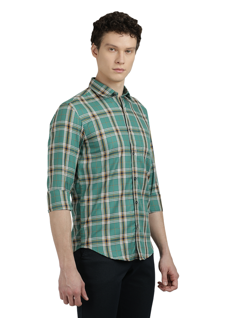 Model wearing Clarke Gable's Green Checked Semi Casual Shirt in a casual setting