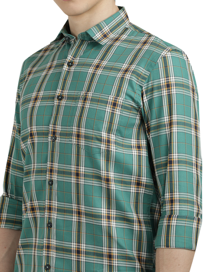 Model wearing Clarke Gable's Green Checked Semi Casual Shirt in a casual setting