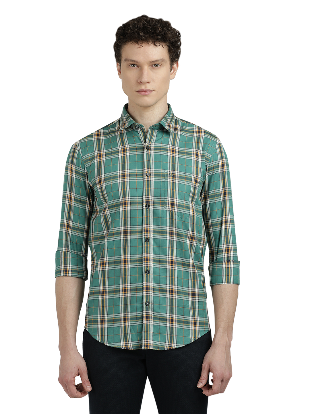 Model wearing Clarke Gable's Green Checked Semi Casual Shirt in a casual setting
