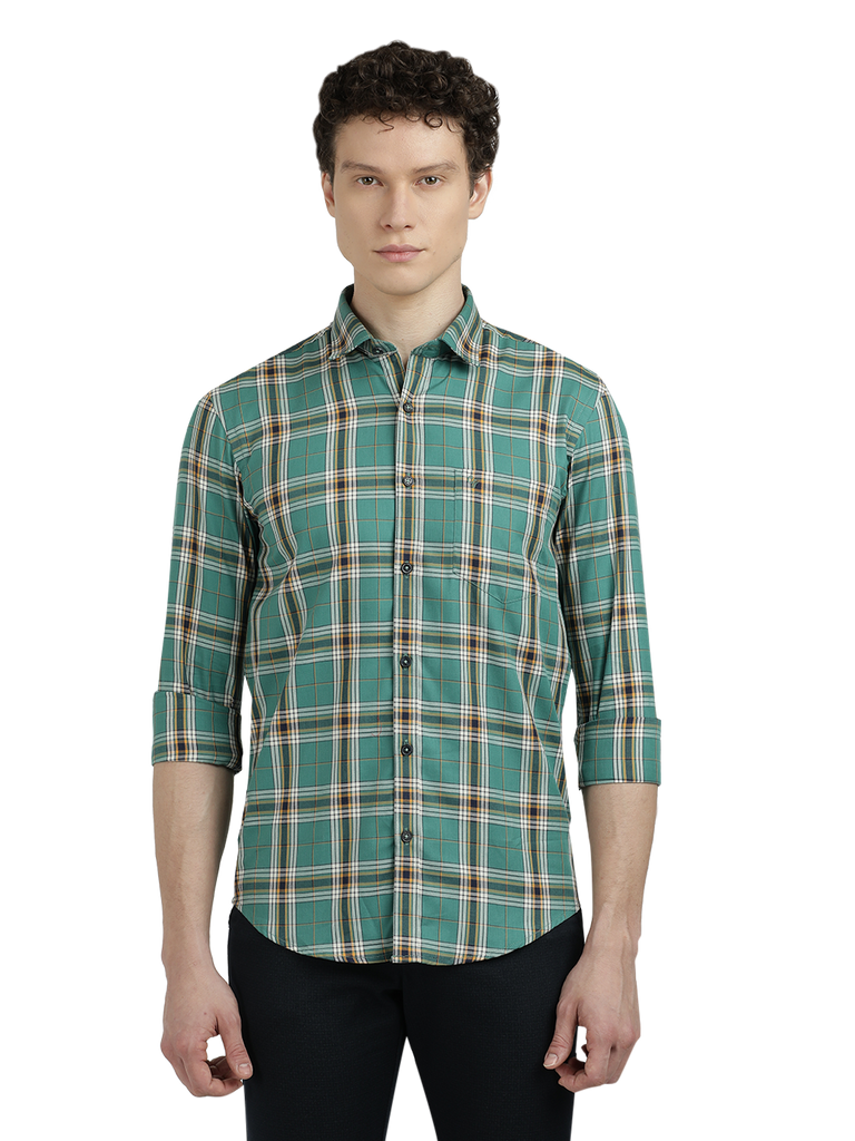 Model wearing Clarke Gable's Green Checked Semi Casual Shirt in a casual setting