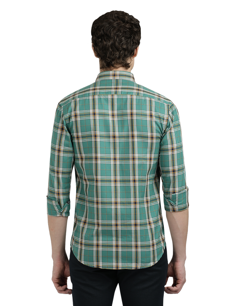 Model wearing Clarke Gable's Green Checked Semi Casual Shirt in a casual setting