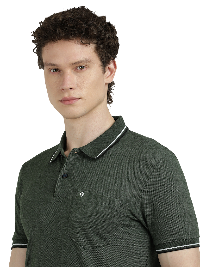 Model wearing Clarke Gable's Green Solid Polo Collar T-Shirt in a casual setting