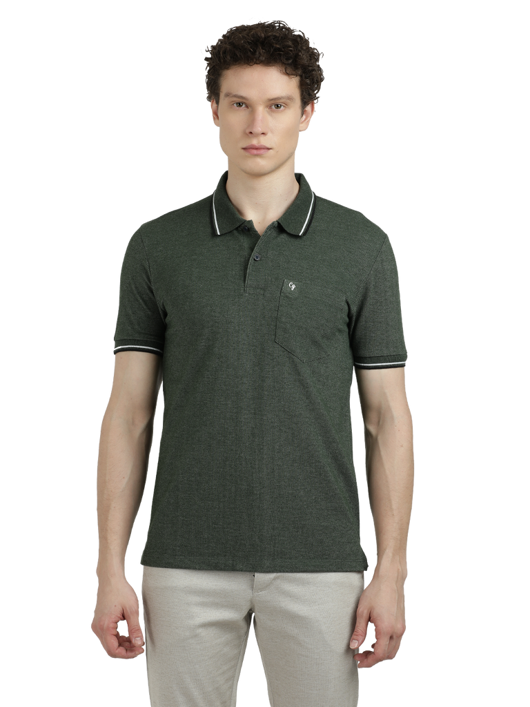 Model wearing Clarke Gable's Green Solid Polo Collar T-Shirt in a casual setting