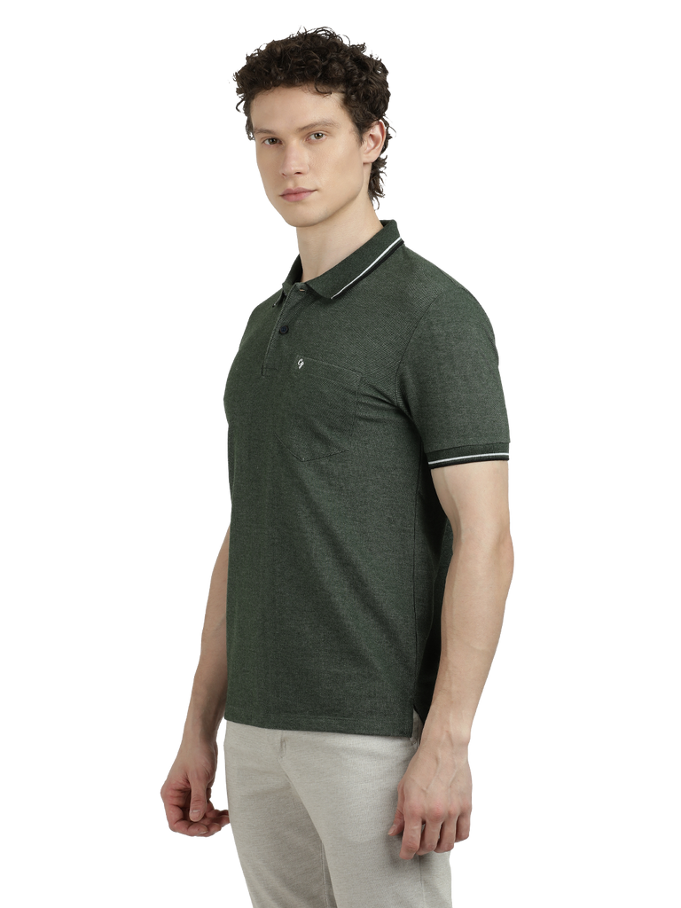 Model wearing Clarke Gable's Green Solid Polo Collar T-Shirt in a casual setting