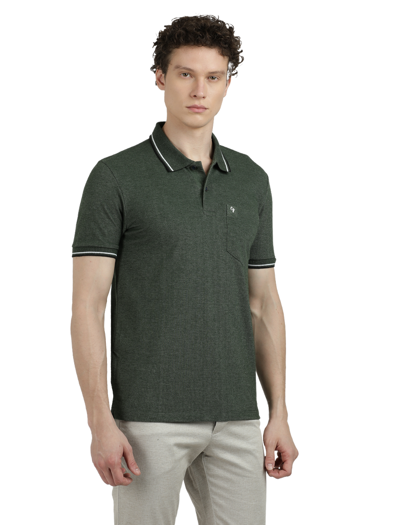 Model wearing Clarke Gable's Green Solid Polo Collar T-Shirt in a casual setting