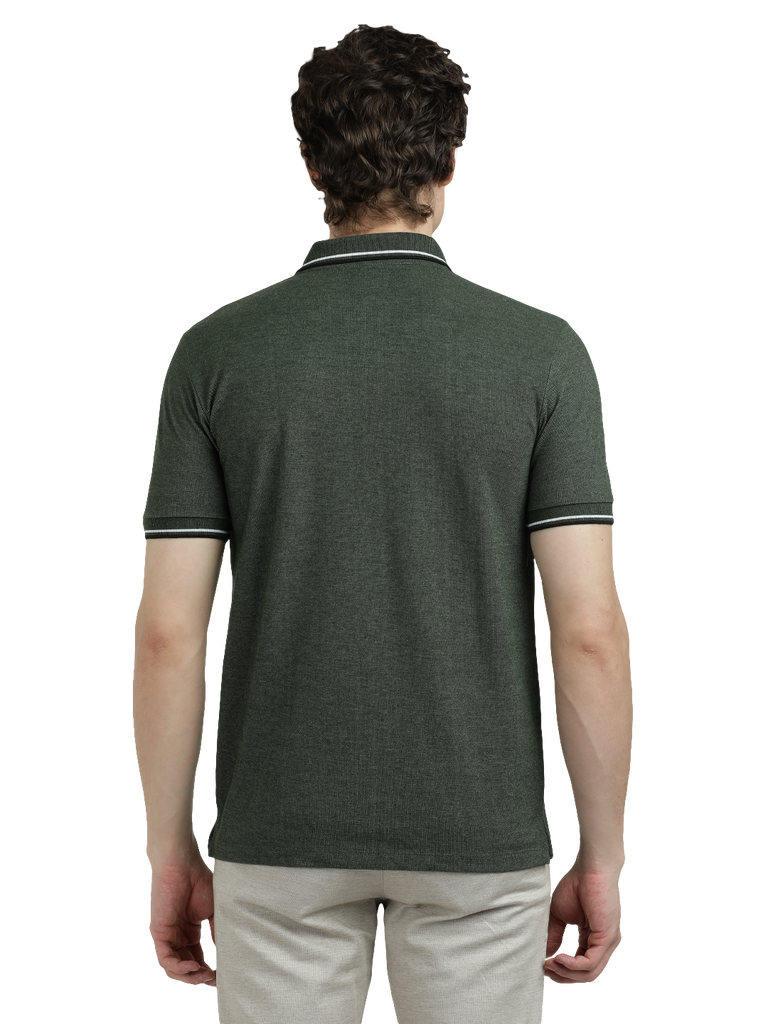 Model wearing Clarke Gable's Green Solid Polo Collar T-Shirt in a casual setting