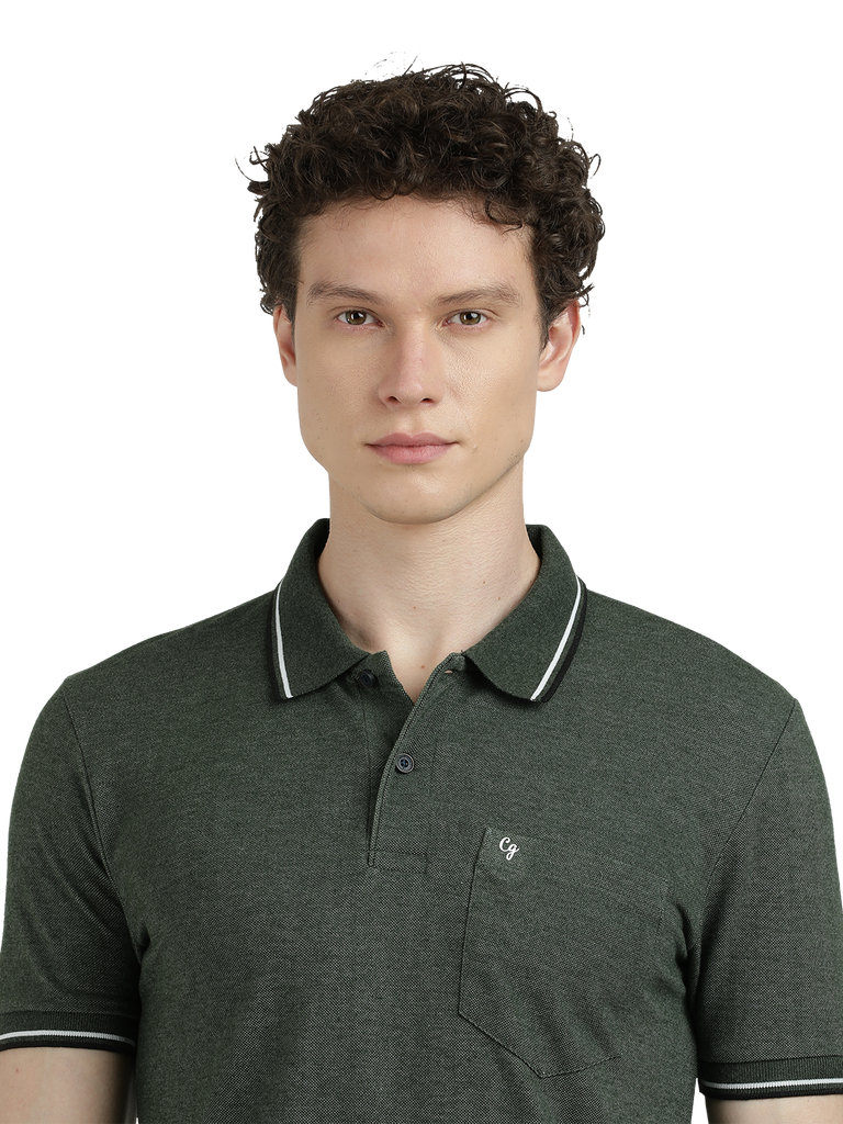 Model wearing Clarke Gable's Green Solid Polo Collar T-Shirt in a casual setting