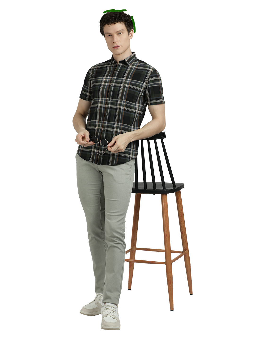 Model wearing Clarke Gable's Green With Black Checked Semi Casual Shirt in a casual setting