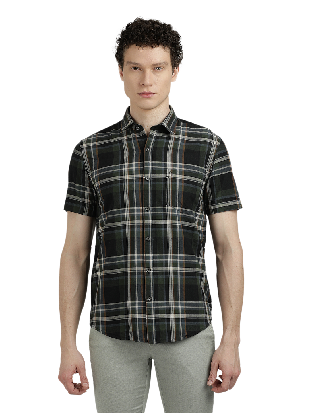Model wearing Clarke Gable's Green With Black Checked Semi Casual Shirt in a casual setting