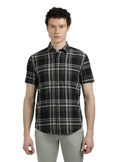 Model wearing Clarke Gable's Green With Black Checked Semi Casual Shirt in a casual setting