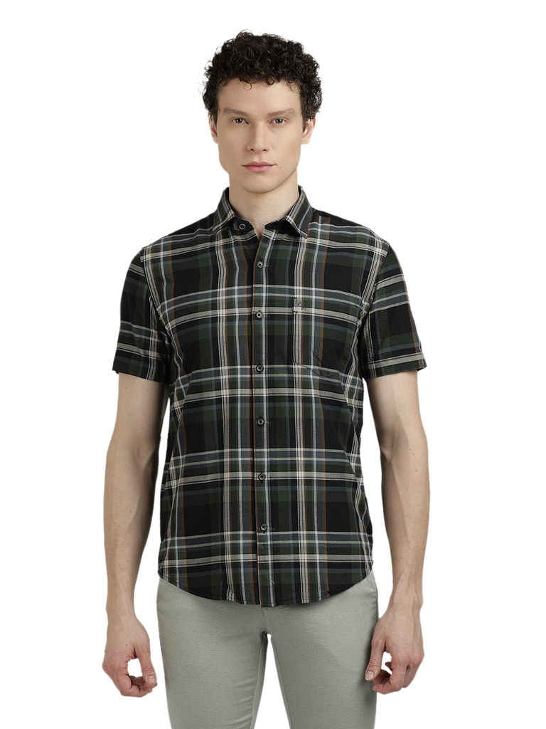 Model wearing Clarke Gable's Green With Black Checked Semi Casual Shirt in a casual setting