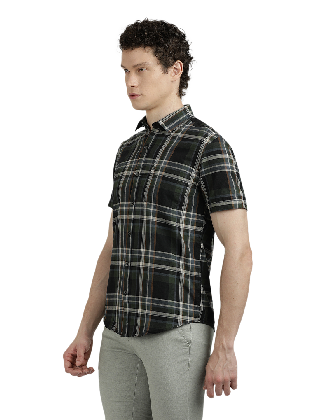 Model wearing Clarke Gable's Green With Black Checked Semi Casual Shirt in a casual setting