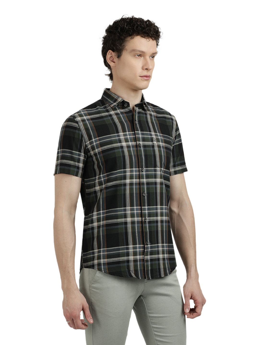 Model wearing Clarke Gable's Green With Black Checked Semi Casual Shirt in a casual setting