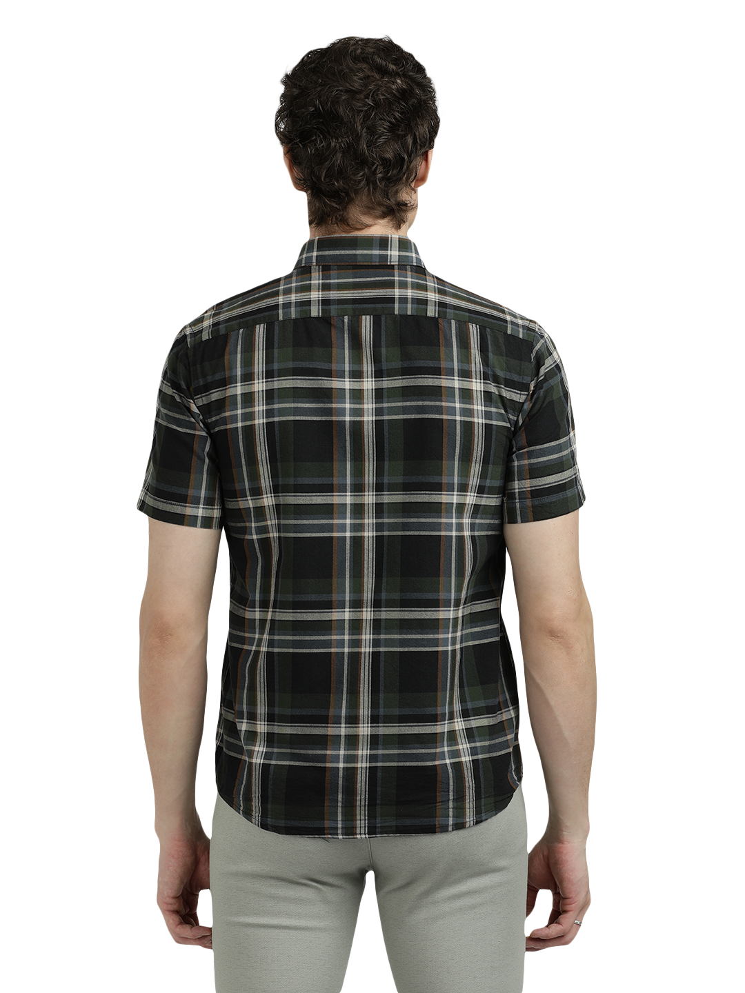 Model wearing Clarke Gable's Green With Black Checked Semi Casual Shirt in a casual setting