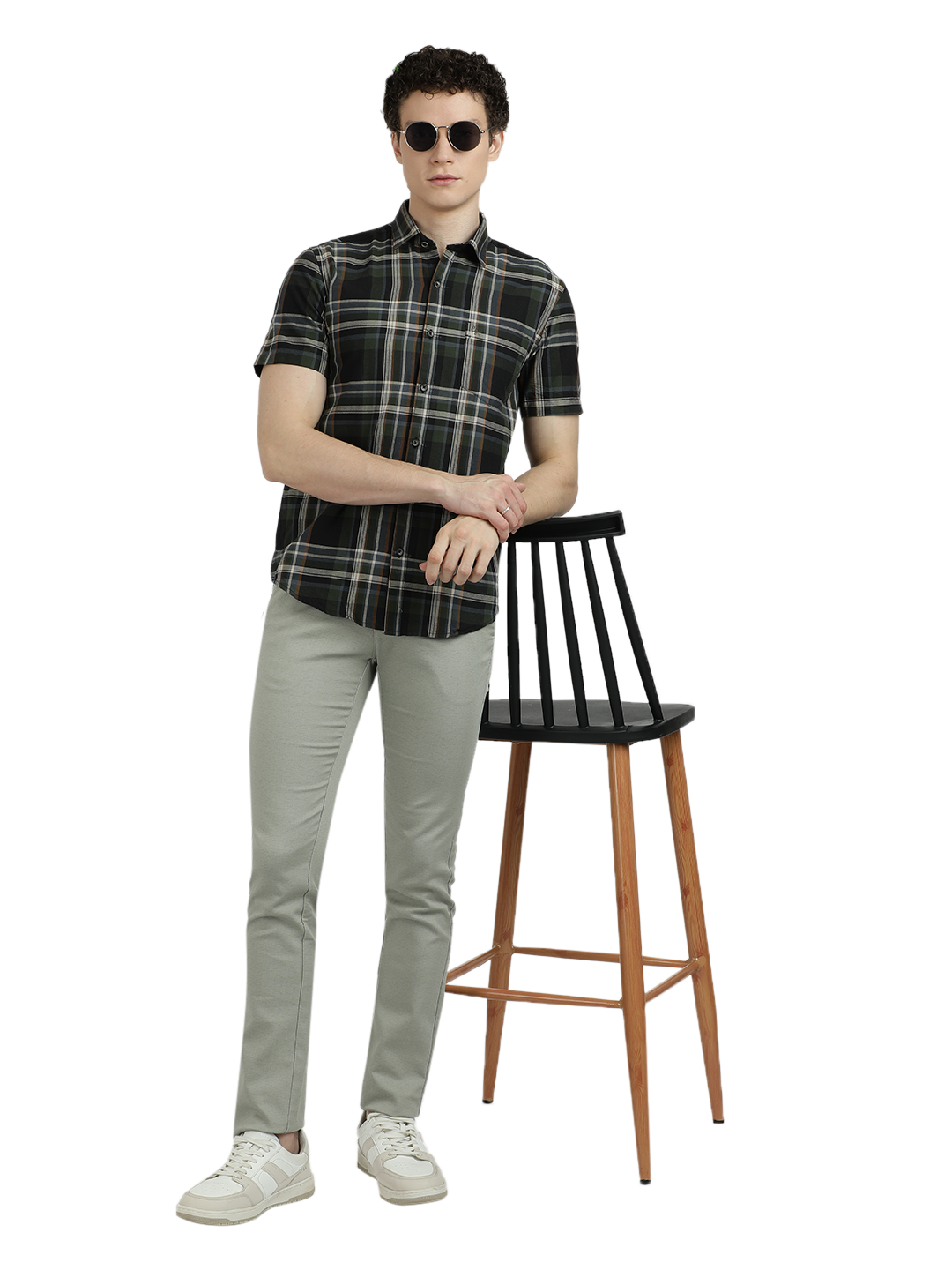 Model wearing Clarke Gable's Green With Black Checked Semi Casual Shirt in a casual setting