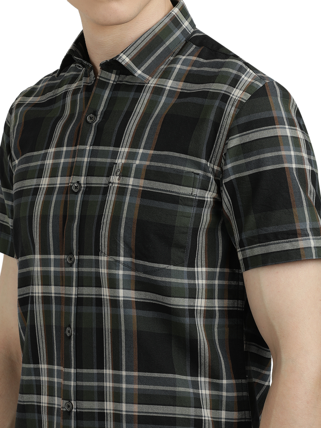 Model wearing Clarke Gable's Green With Black Checked Semi Casual Shirt in a casual setting