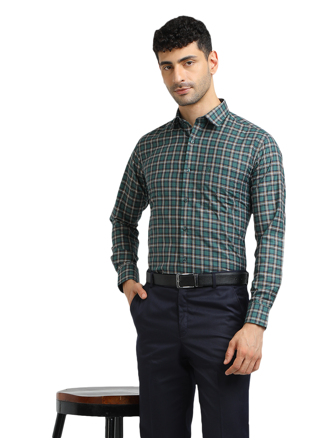 Model wearing Clarke Gable's Green With White Checked Formal Shirt in a casual setting