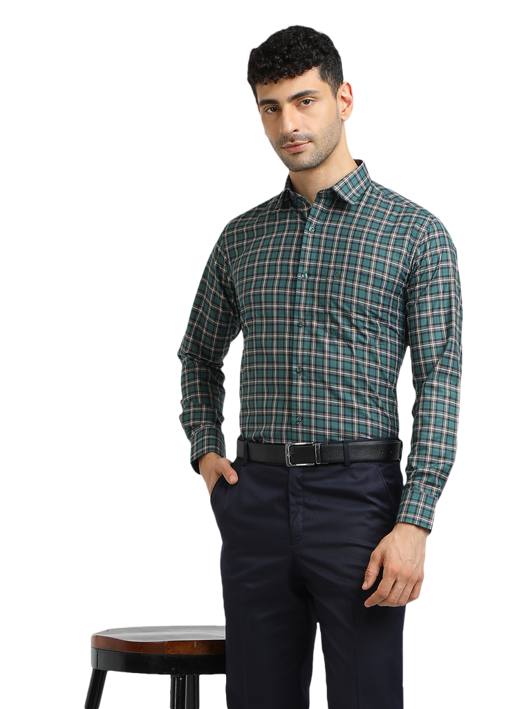 Model wearing Clarke Gable's Green With White Checked Formal Shirt in a casual setting